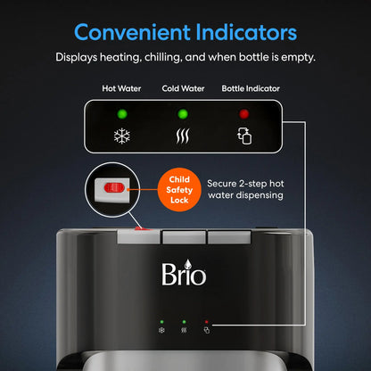 Brio Bottom Loading Water Cooler Dispenser for 5 Gallon Bottles - 3 Temperatures with Hot, Room & Cold Spouts, Child Safety Lock, LED Display with Empty Bottle Alert, Stainless Steel Brio
