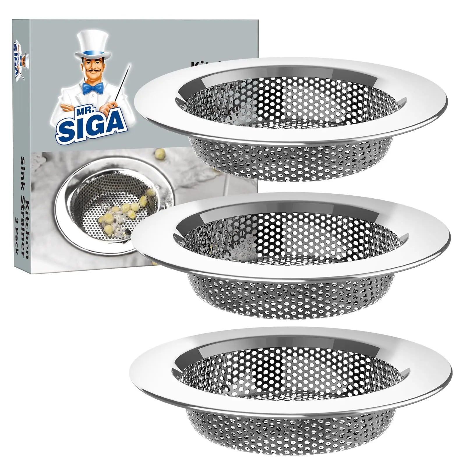MR.SIGA Kitchen Sink Strainer, Stainless Steel Sink Drain Strainer, Dishwasher Safe, Outer Diameter 4.4 inch/11.2cm, Inner Diameter 3 inch/7.6cm, Pack of 3 MR.SIGA