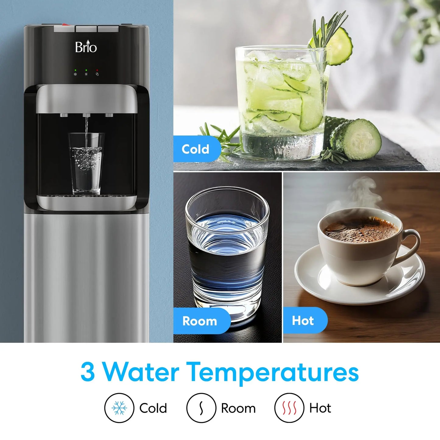 Brio Bottom Loading Water Cooler Dispenser for 5 Gallon Bottles - 3 Temperatures with Hot, Room & Cold Spouts, Child Safety Lock, LED Display with Empty Bottle Alert, Stainless Steel Brio