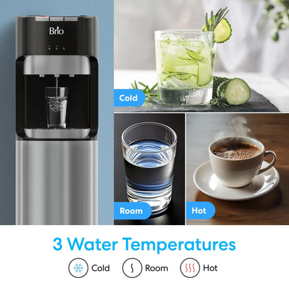 Brio Bottom Loading Water Cooler Dispenser for 5 Gallon Bottles - 3 Temperatures with Hot, Room & Cold Spouts, Child Safety Lock, LED Display with Empty Bottle Alert, Stainless Steel Brio