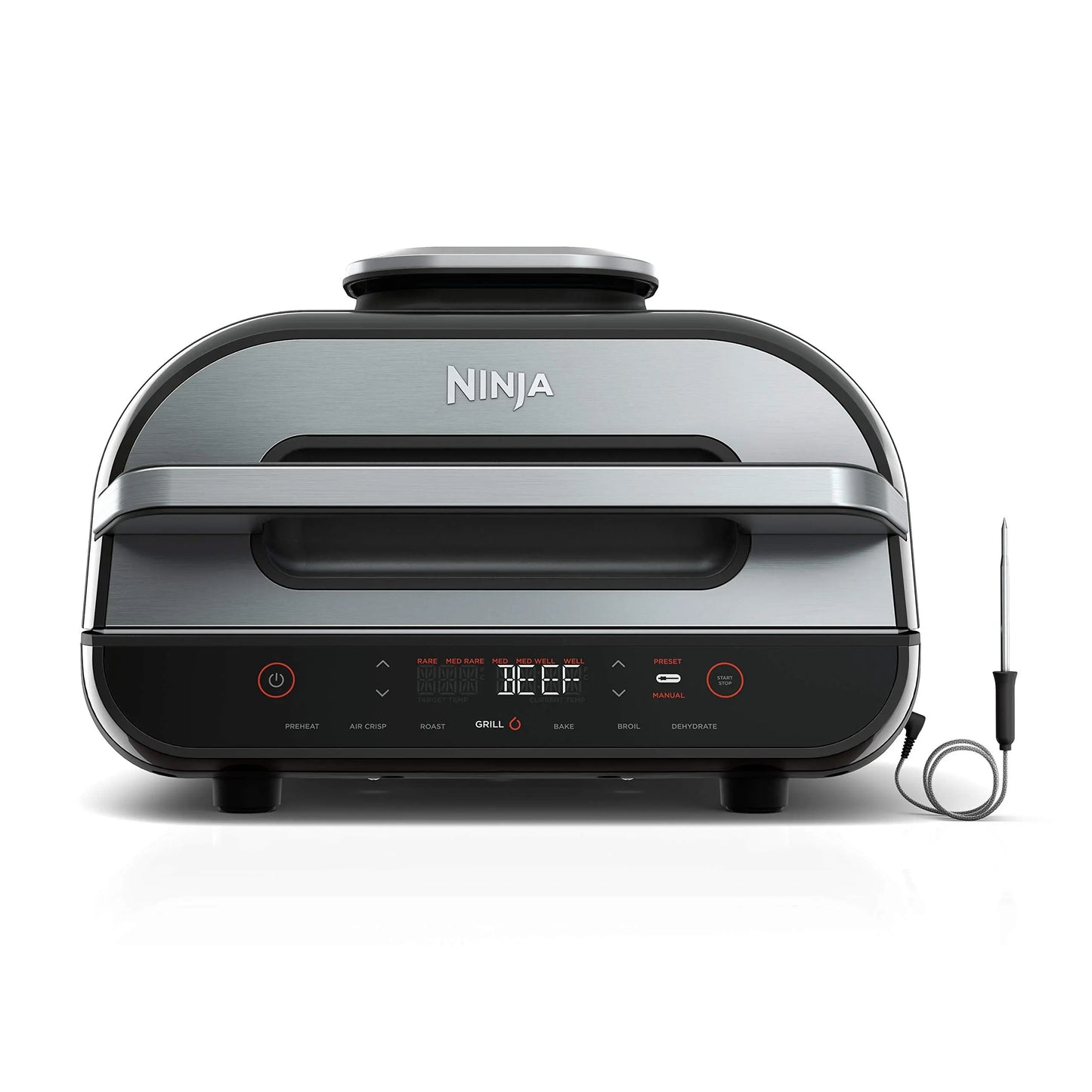 Ninja | Indoor Grill and Air Fryer| Foodi Smart XL | 6-in-1 Grill, Air Fry, Roast, Bake, Broil, Dehydrate & Crisp |Smart Thermometer & Splatter Shield | Dishwasher Safe Parts | Black/Silver | FG551 Ninja