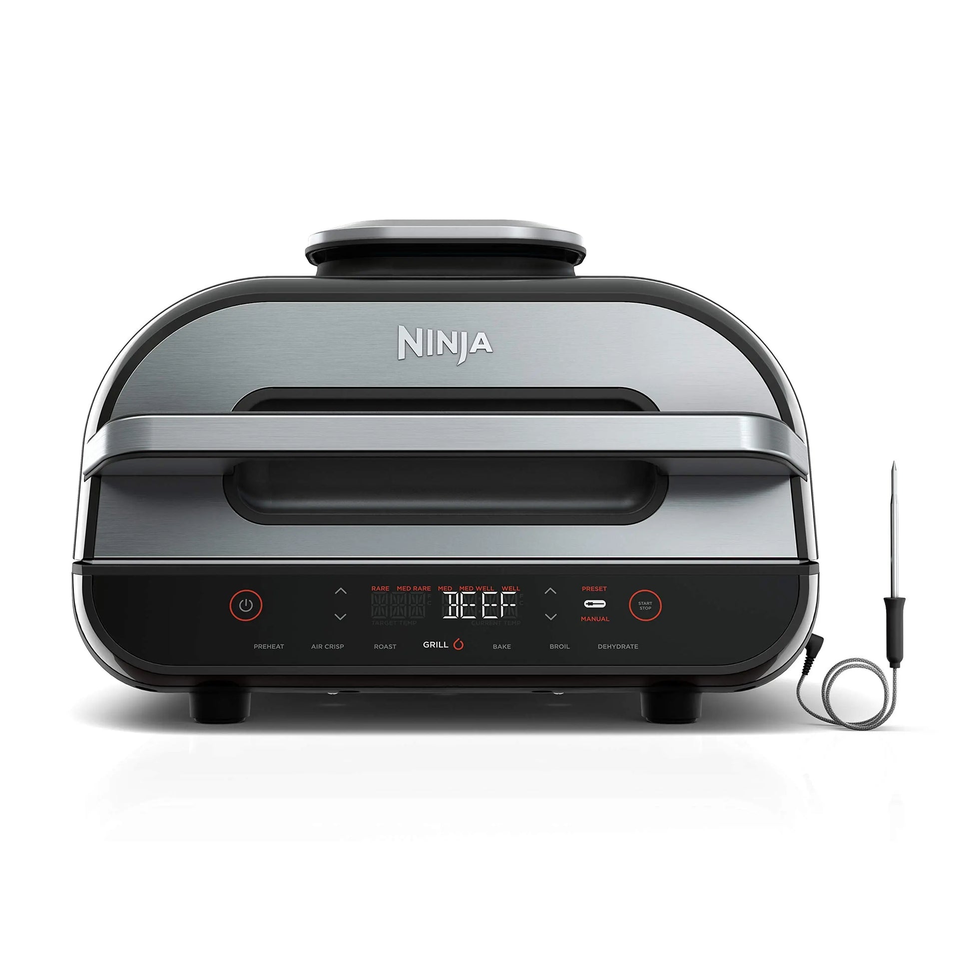 Ninja | Indoor Grill and Air Fryer| Foodi Smart XL | 6-in-1 Grill, Air Fry, Roast, Bake, Broil, Dehydrate & Crisp |Smart Thermometer & Splatter Shield | Dishwasher Safe Parts | Black/Silver | FG551 Ninja