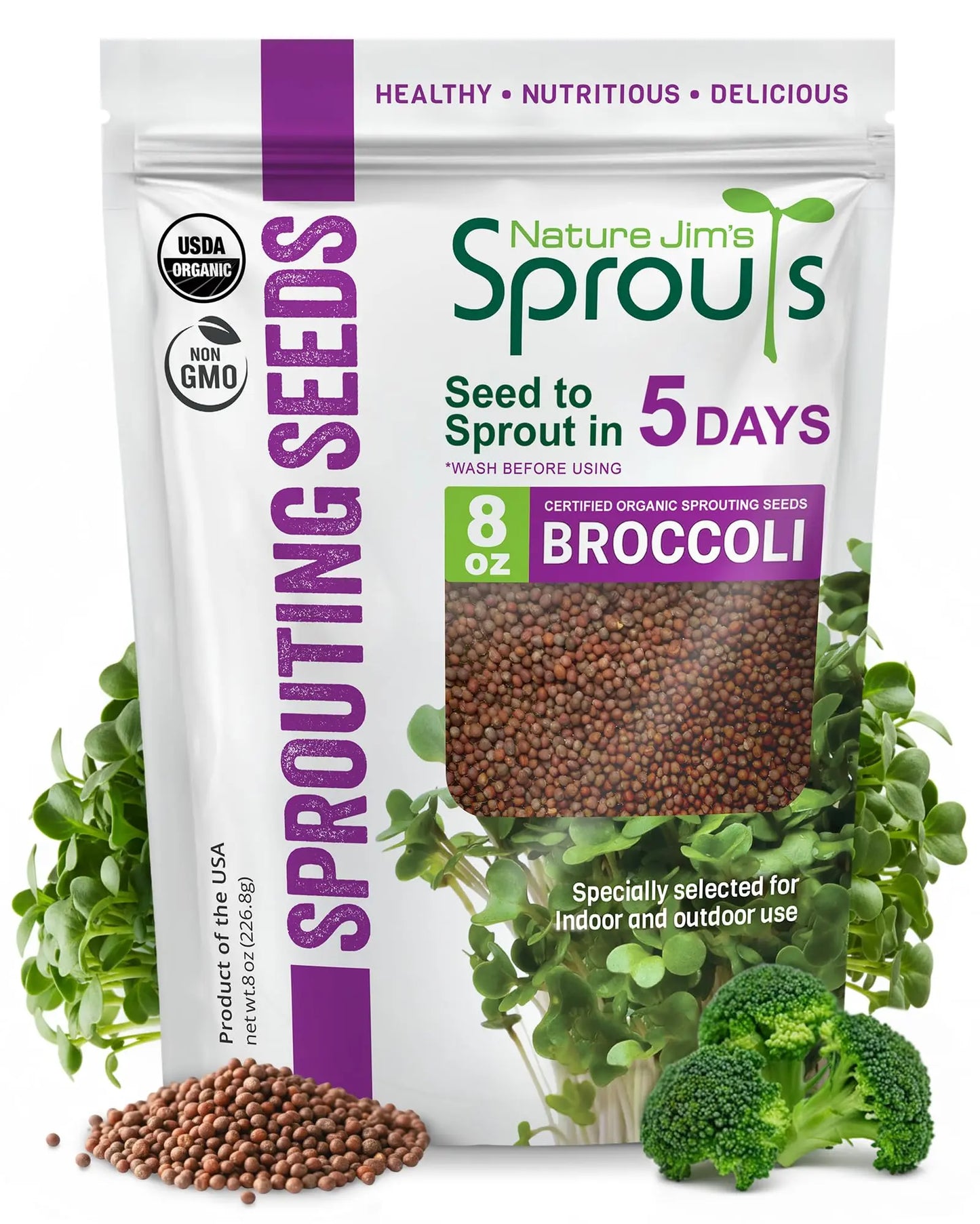 Nature Jims Sprouts Organic Broccoli Seeds for Sprouting – Certified Non-GMO, Rich in Sulforaphane, Swift-Growing Microgreen Seeds for Nutritious Broccoli Sprouts – Ideal for Indoor/Outdoor Use – 8oz Nature Jims Sprouts