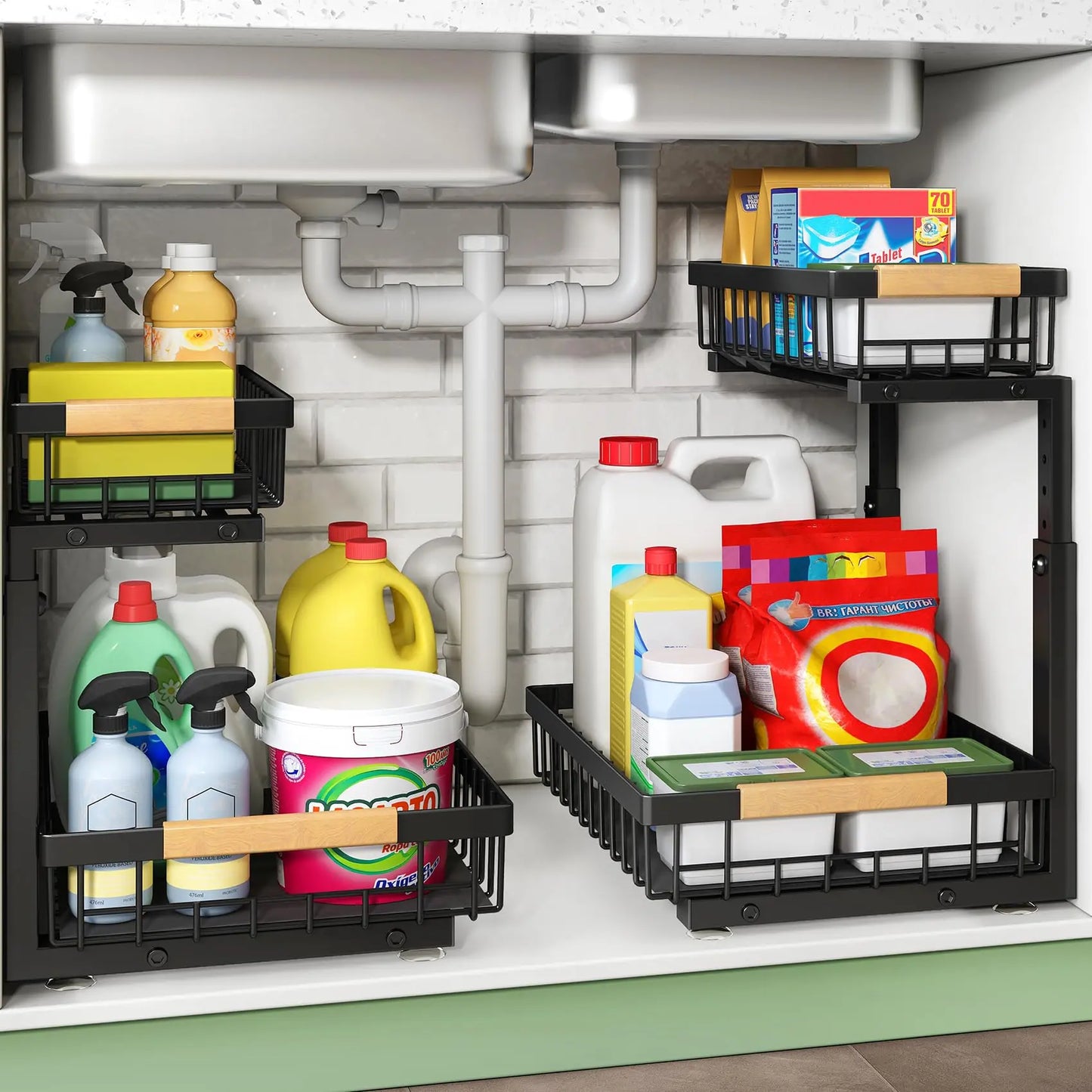 Kitstorack Under Sink Organizer, 2 Tier Under the Sink Storage, Slide out Pull out Cabinet Organizer Shelf, Metal Sliding Drawer for Kitchen Bathroom Pantry Closet Organization Rack, Black, 2 Pack Kitstorack