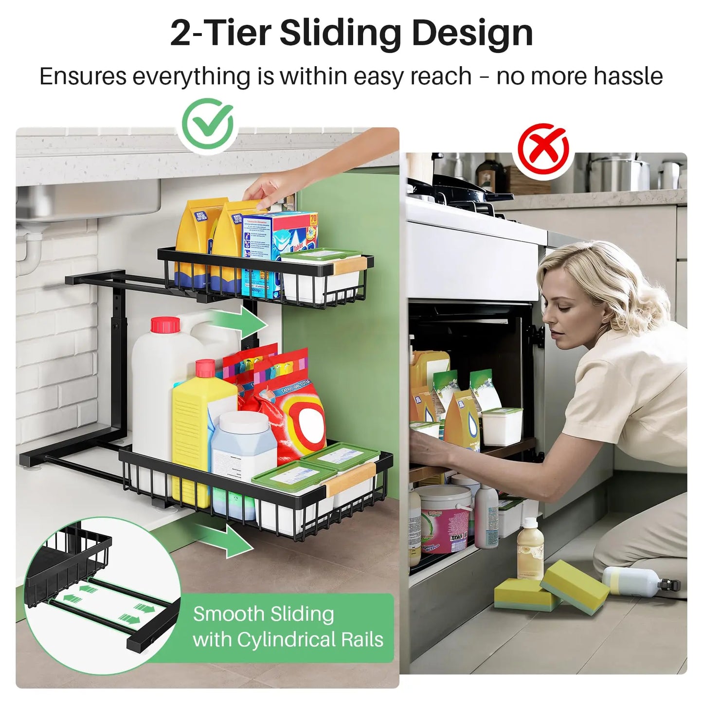 Kitstorack Under Sink Organizer, 2 Tier Under the Sink Storage, Slide out Pull out Cabinet Organizer Shelf, Metal Sliding Drawer for Kitchen Bathroom Pantry Closet Organization Rack, Black, 2 Pack Kitstorack