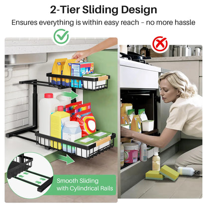 Kitstorack Under Sink Organizer, 2 Tier Under the Sink Storage, Slide out Pull out Cabinet Organizer Shelf, Metal Sliding Drawer for Kitchen Bathroom Pantry Closet Organization Rack, Black, 2 Pack Kitstorack