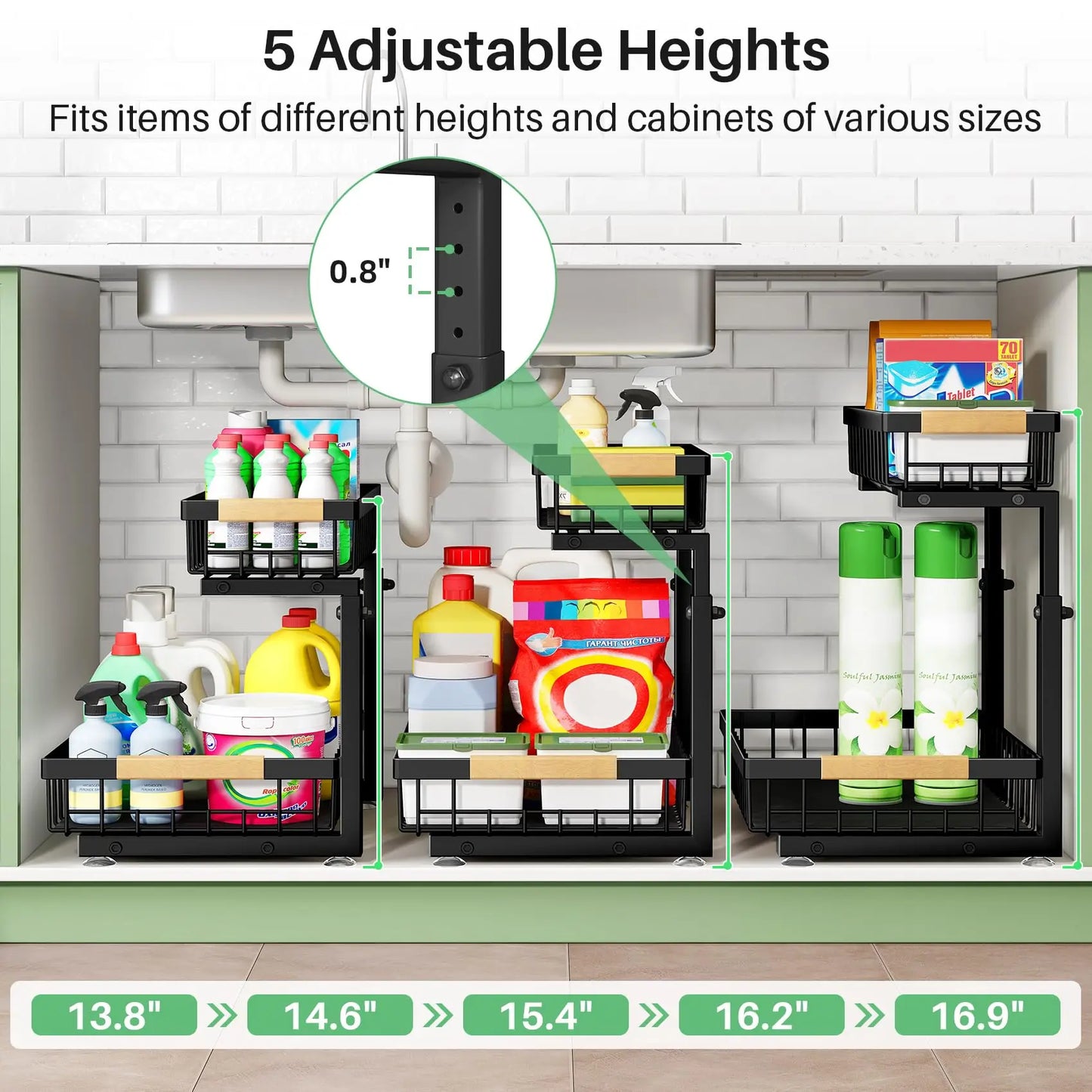 Kitstorack Under Sink Organizer, 2 Tier Under the Sink Storage, Slide out Pull out Cabinet Organizer Shelf, Metal Sliding Drawer for Kitchen Bathroom Pantry Closet Organization Rack, Black, 2 Pack Kitstorack