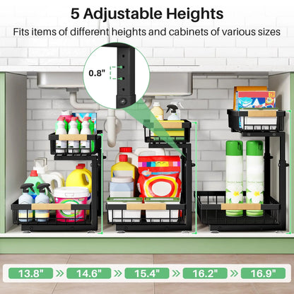 Kitstorack Under Sink Organizer, 2 Tier Under the Sink Storage, Slide out Pull out Cabinet Organizer Shelf, Metal Sliding Drawer for Kitchen Bathroom Pantry Closet Organization Rack, Black, 2 Pack Kitstorack