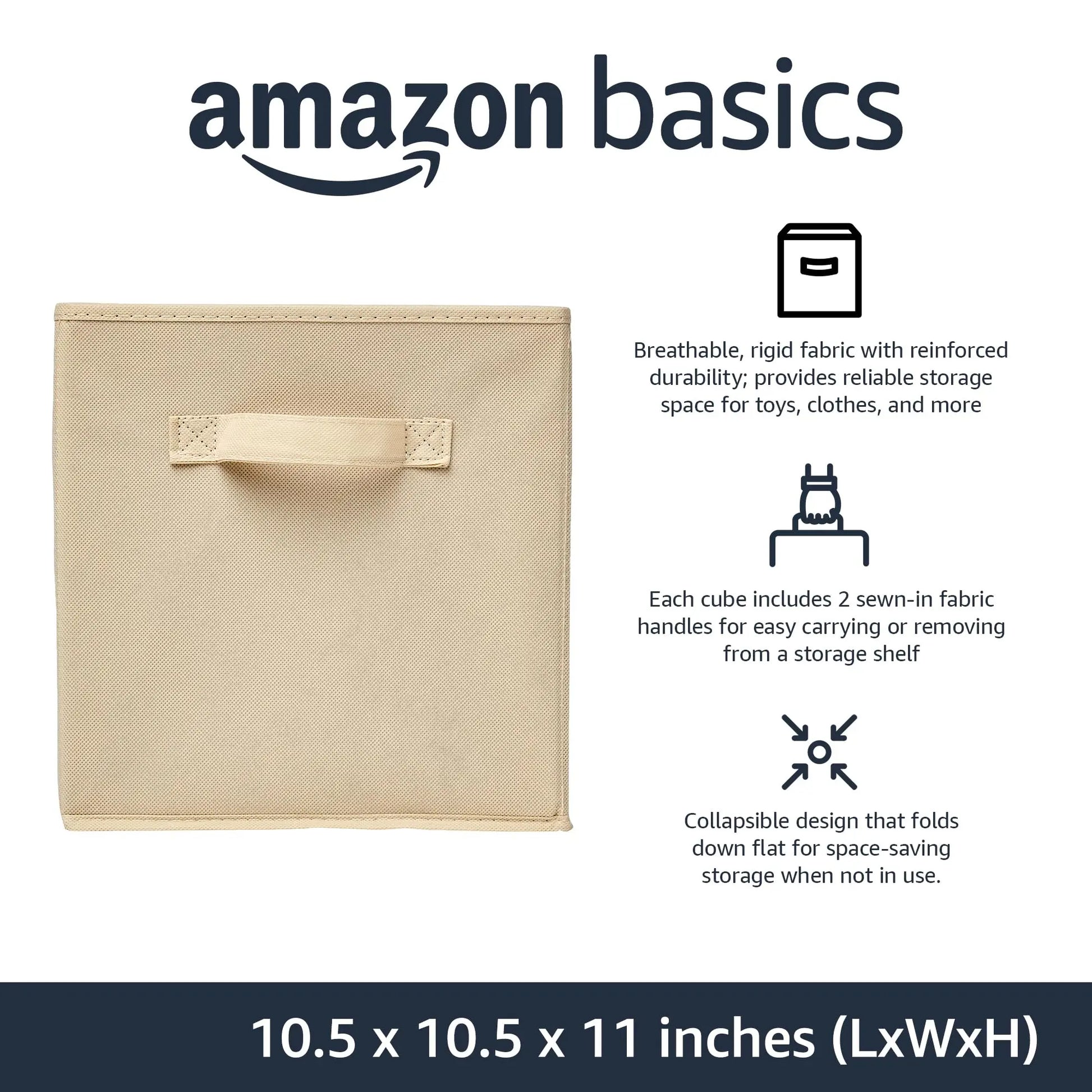 Amazon Basics Collapsible Fabric Storage Cubes Organizer with Handles, Sturdy, Beige, 10.5-x-10.5-x-11-inch, Pack of 6 Amazon Basics