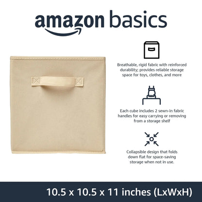 Amazon Basics Collapsible Fabric Storage Cubes Organizer with Handles, Sturdy, Beige, 10.5-x-10.5-x-11-inch, Pack of 6 Amazon Basics