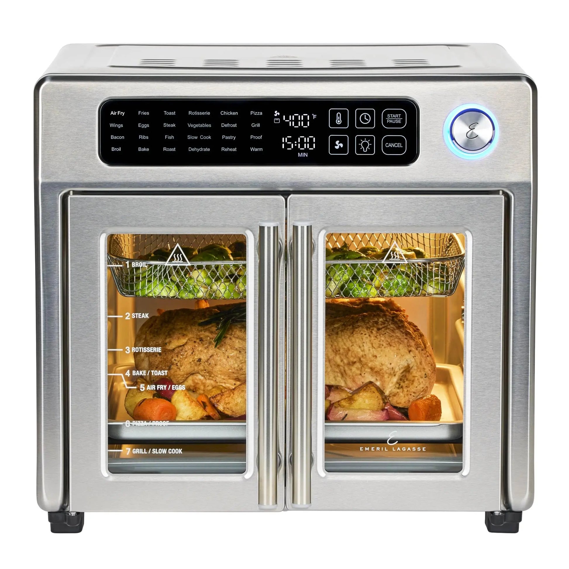 Emeril Lagasse Extra Large French Door Air Fryer Toaster Oven Combo, 24 Cooking Functions and Digital Controls, 7 Accessories Included, Stainless Steel Finish, 26QT Capacity Emeril Lagasse