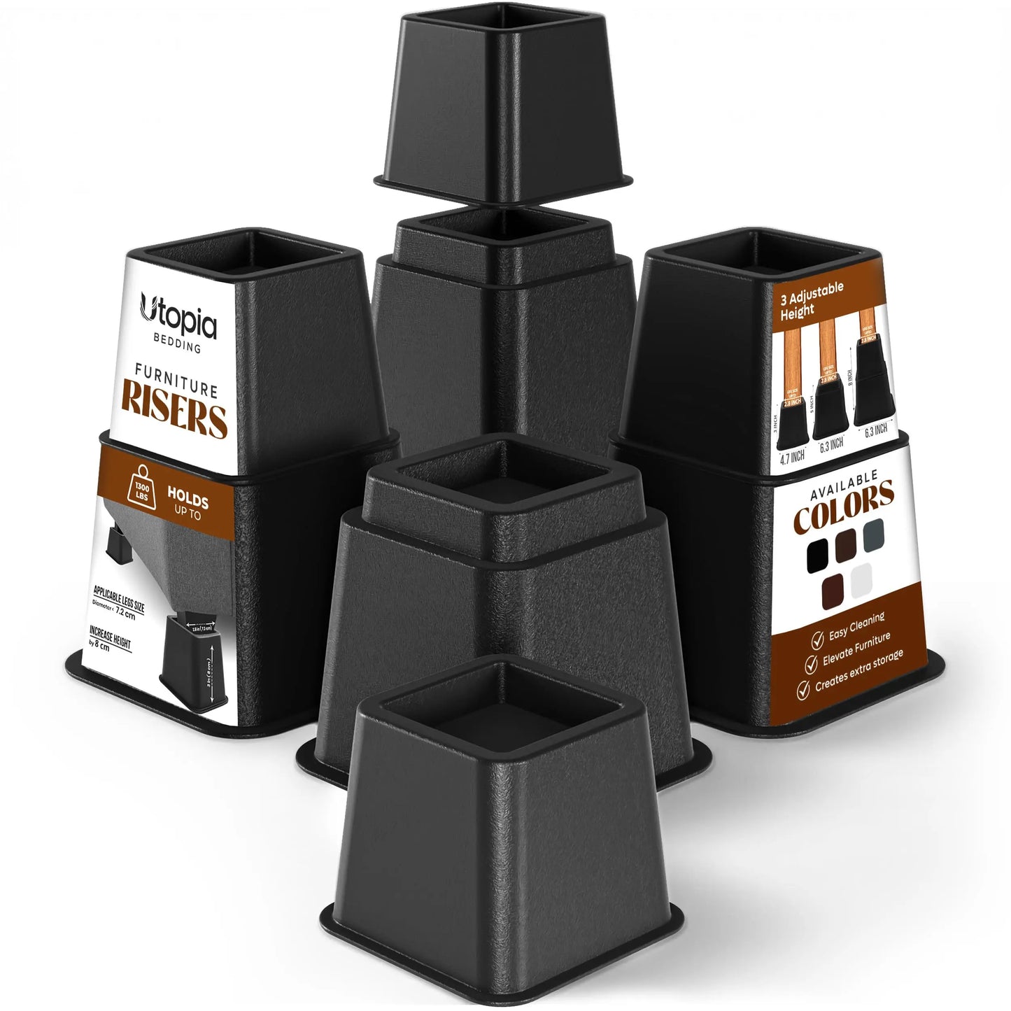 Utopia Bedding Bed Riser, 3 & 5 Inches Adjustable Furniture Risers for 8 Inch Combined Furniture Lift, Under Bed Storage & Dorm Room Essential, Supports Up to 1,300 lbs (4 Set, Black) Utopia Bedding