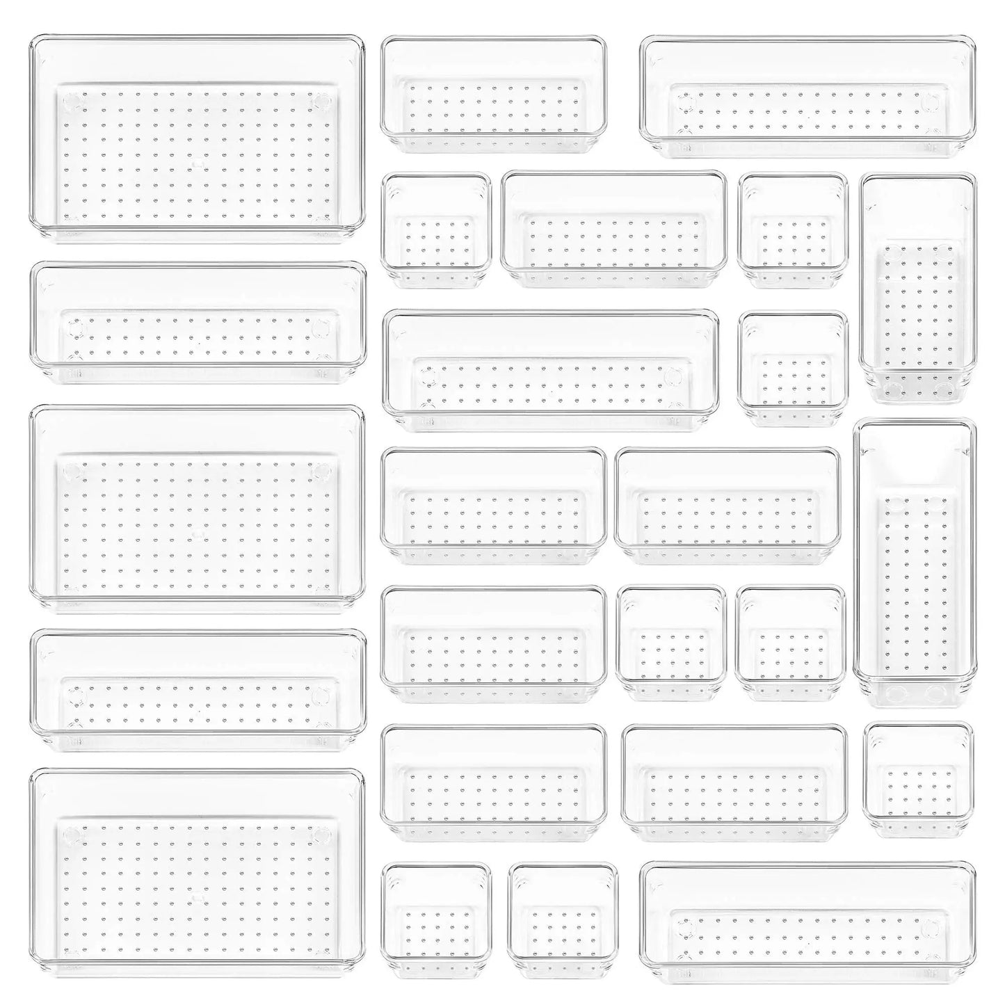 Vtopmart 25 PCS Clear Plastic Drawer Organizers Set, 4-Size Versatile Bathroom and Vanity Drawer Organizer Trays, Storage Bins for Makeup, Bedroom, Kitchen Gadgets Utensils and Office Vtopmart
