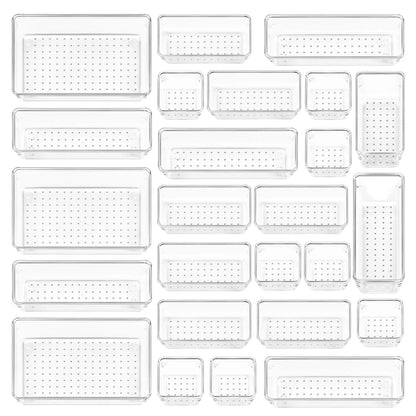 Vtopmart 25 PCS Clear Plastic Drawer Organizers Set, 4-Size Versatile Bathroom and Vanity Drawer Organizer Trays, Storage Bins for Makeup, Bedroom, Kitchen Gadgets Utensils and Office Vtopmart
