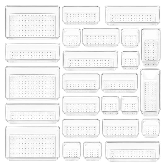 Vtopmart 25 PCS Clear Plastic Drawer Organizers Set, 4-Size Versatile Bathroom and Vanity Drawer Organizer Trays, Storage Bins for Makeup, Bedroom, Kitchen Gadgets Utensils and Office Vtopmart