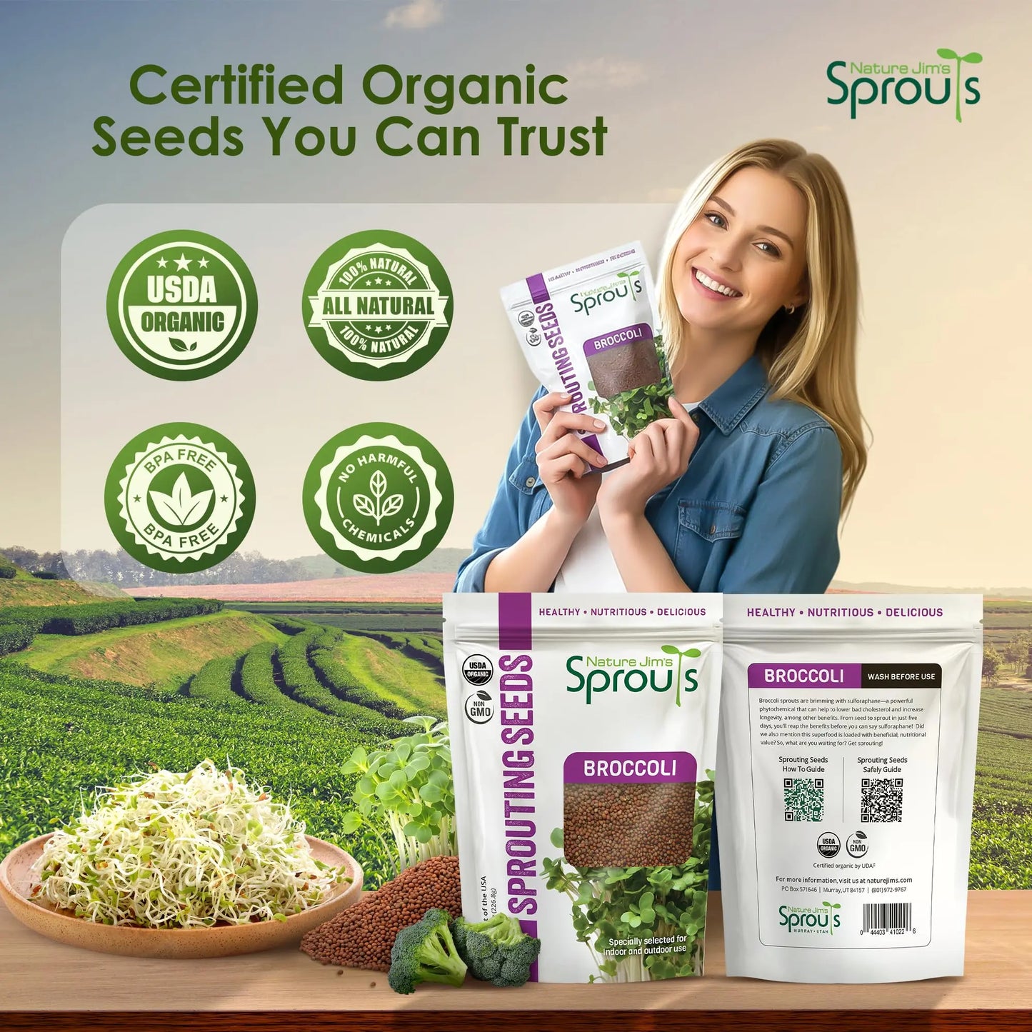 Nature Jims Sprouts Organic Broccoli Seeds for Sprouting – Certified Non-GMO, Rich in Sulforaphane, Swift-Growing Microgreen Seeds for Nutritious Broccoli Sprouts – Ideal for Indoor/Outdoor Use – 8oz Nature Jims Sprouts