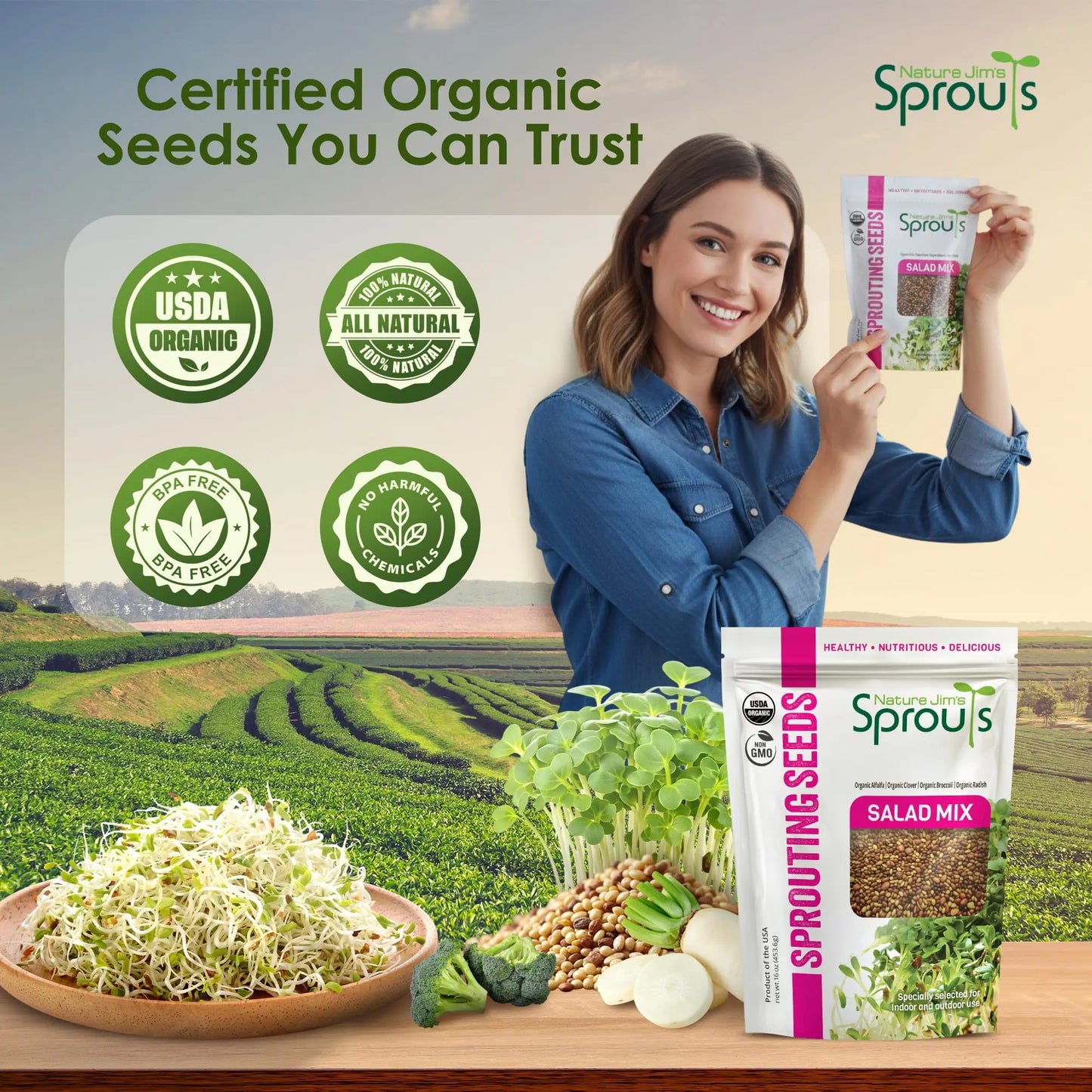 Nature Jims Sprouts Organic Salad Mix – Non-GMO Microgreen Seeds for Growing – Healthy Broccoli, Alfalfa, Radish & Clover Sprouting Variety Blend – Microgreens & Sprouts Seeds for Home Gardening – 1lb Nature Jims Sprouts