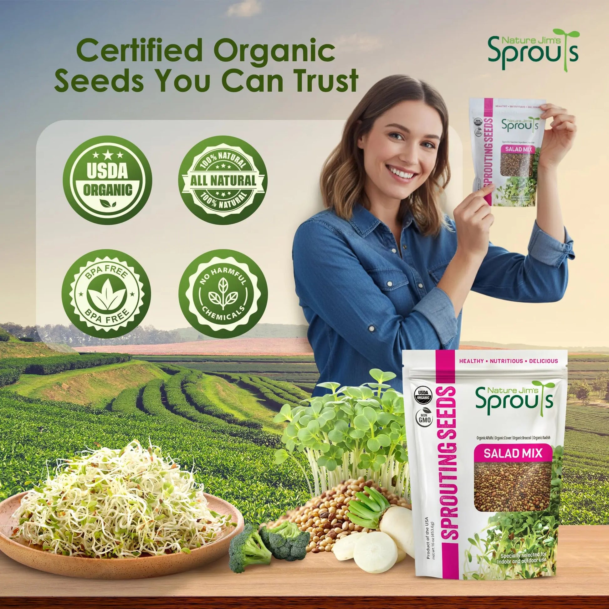 Nature Jims Sprouts Organic Salad Mix – Non-GMO Microgreen Seeds for Growing – Healthy Broccoli, Alfalfa, Radish & Clover Sprouting Variety Blend – Microgreens & Sprouts Seeds for Home Gardening – 1lb Nature Jims Sprouts