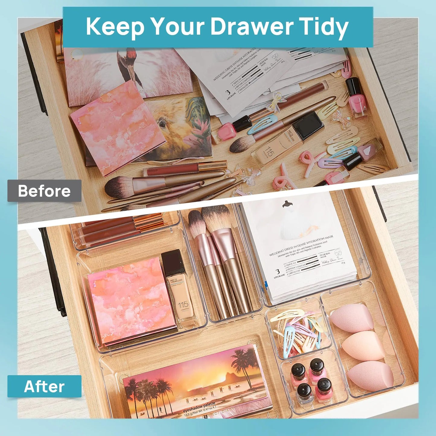 Vtopmart 25 PCS Clear Plastic Drawer Organizers Set, 4-Size Versatile Bathroom and Vanity Drawer Organizer Trays, Storage Bins for Makeup, Bedroom, Kitchen Gadgets Utensils and Office Vtopmart