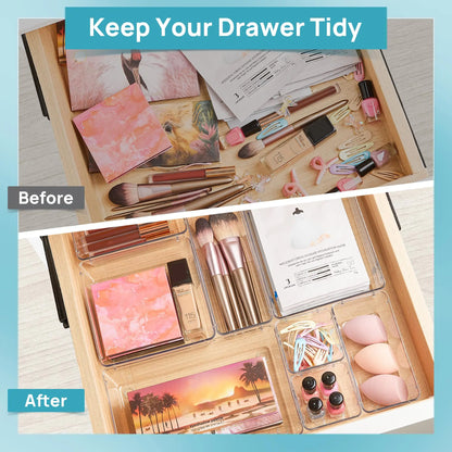 Vtopmart 25 PCS Clear Plastic Drawer Organizers Set, 4-Size Versatile Bathroom and Vanity Drawer Organizer Trays, Storage Bins for Makeup, Bedroom, Kitchen Gadgets Utensils and Office Vtopmart